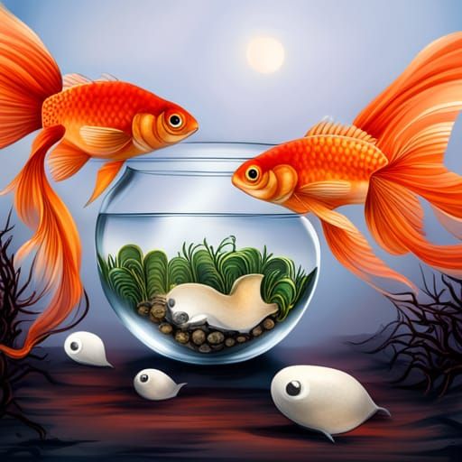 Orange Goldfish in Spooky Ghost Fishbowl