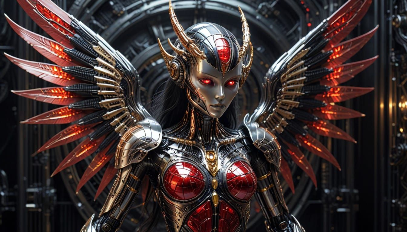 Futuristic Robot with Fairy Wings in Biomechanical Style