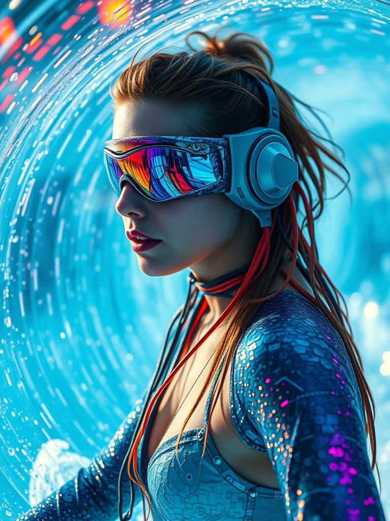 Futuristic Surfer in Prismatic Wave Tunnel