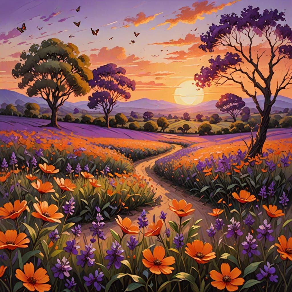 Surreal Oil Painting of Sunset with Purple Flowers and Orang...