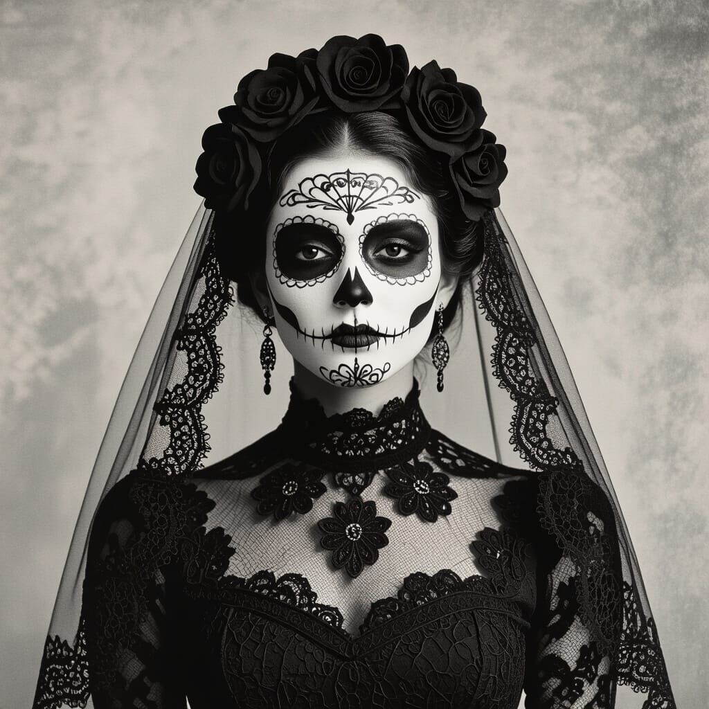 Day of the Dead Bride of Frankenstein in Vintage Black and W...