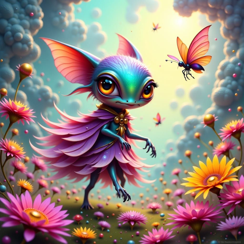 Whimsical Alien Chasing Butterfly, Ethereal Art