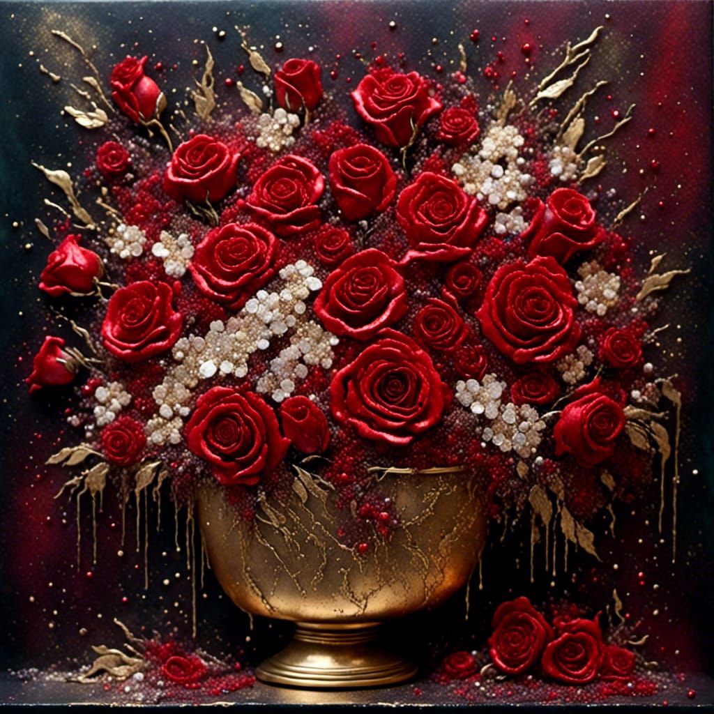 Needlepoint Red Roses and Baby's Breath Still Life