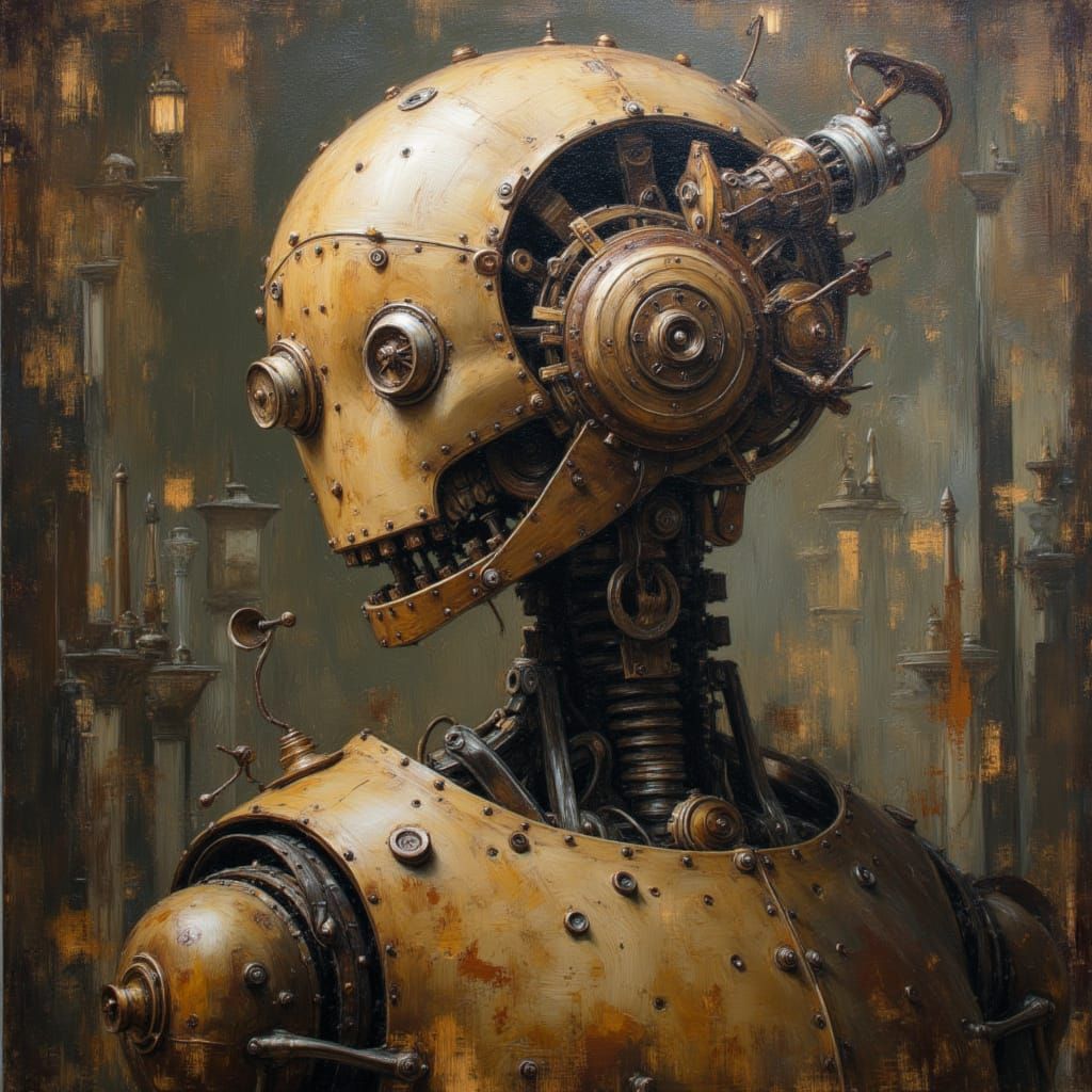 Felt Robot Portrait with Wooden Clockwork in Impasto Style