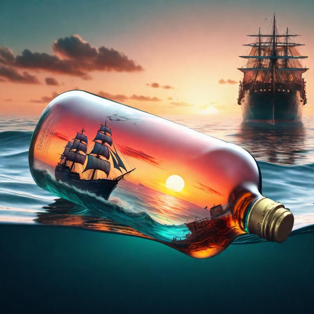 Double Exposure: Bottle and Ship at Sea