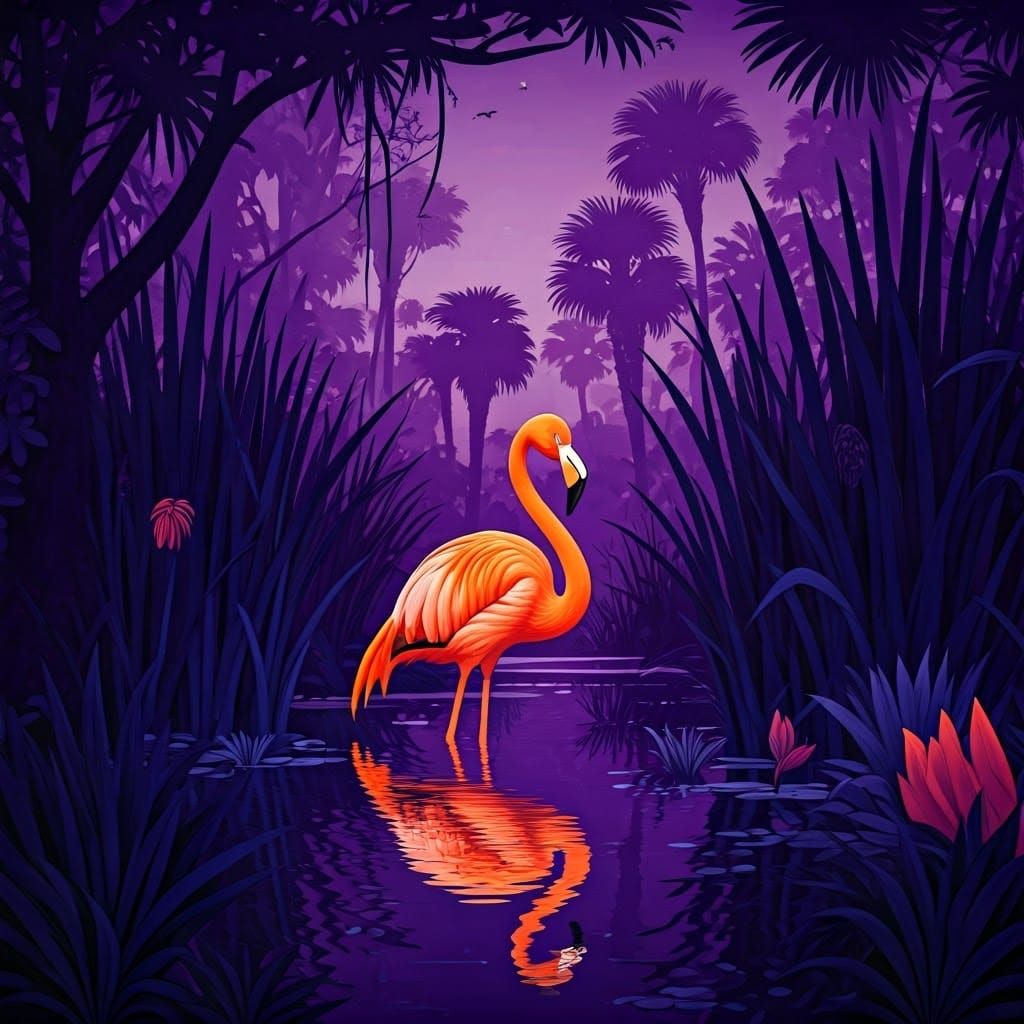 Vibrant Nighttime Flamingo in a Purple Jungle