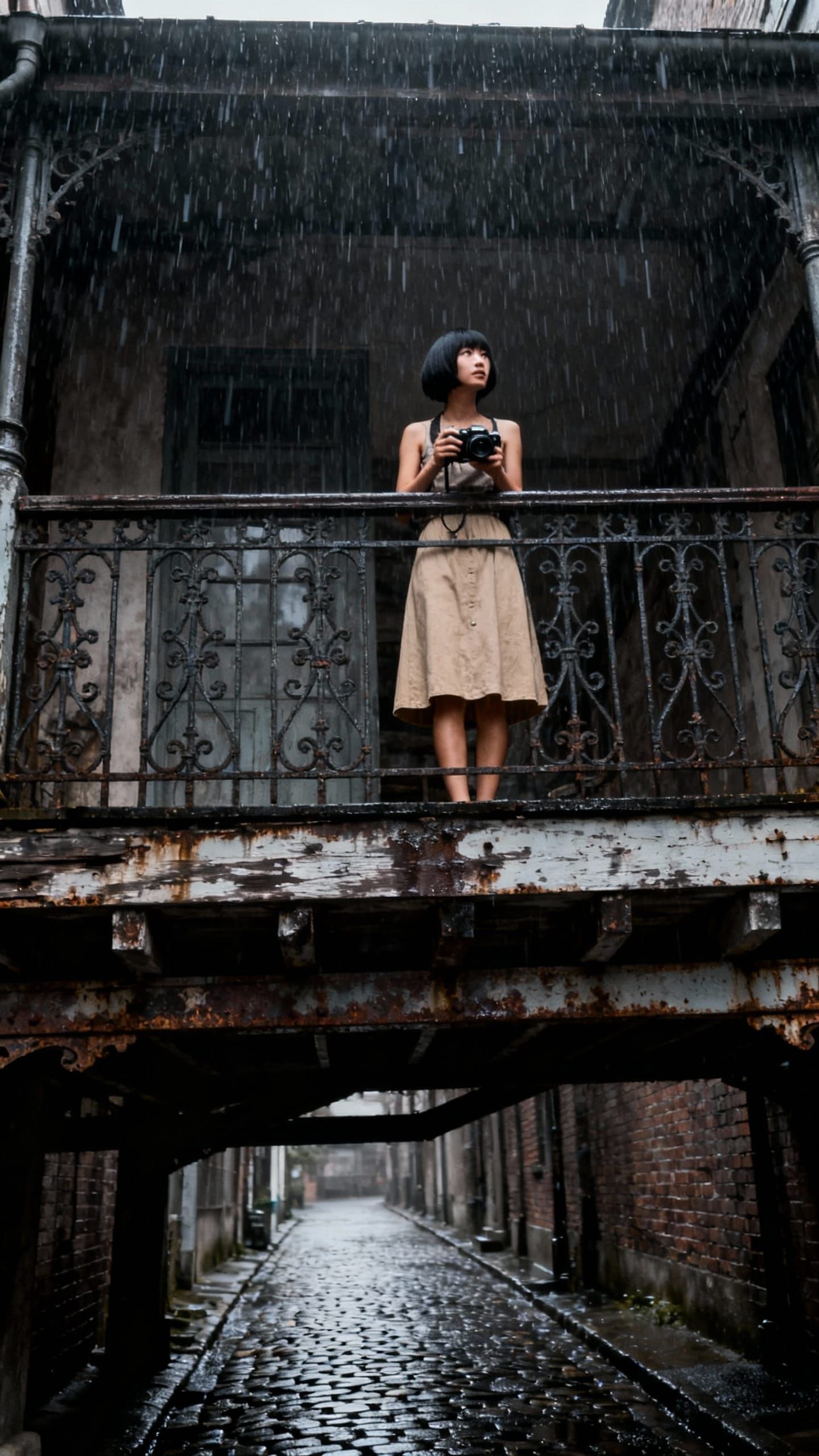 Woman with Camera on Balcony in Monsoon Alley