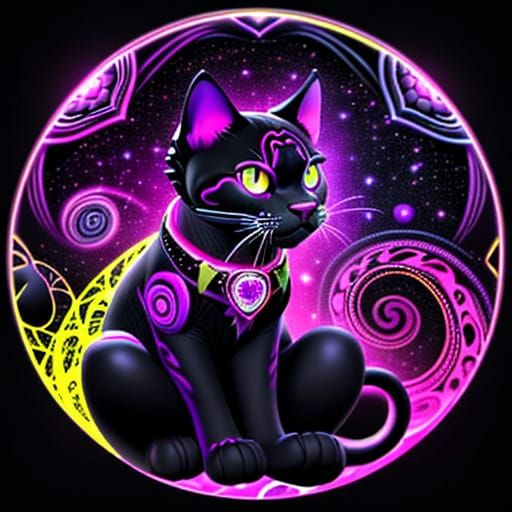 Astral Black Cat with Glowing Eyes in Cosmic Illustration