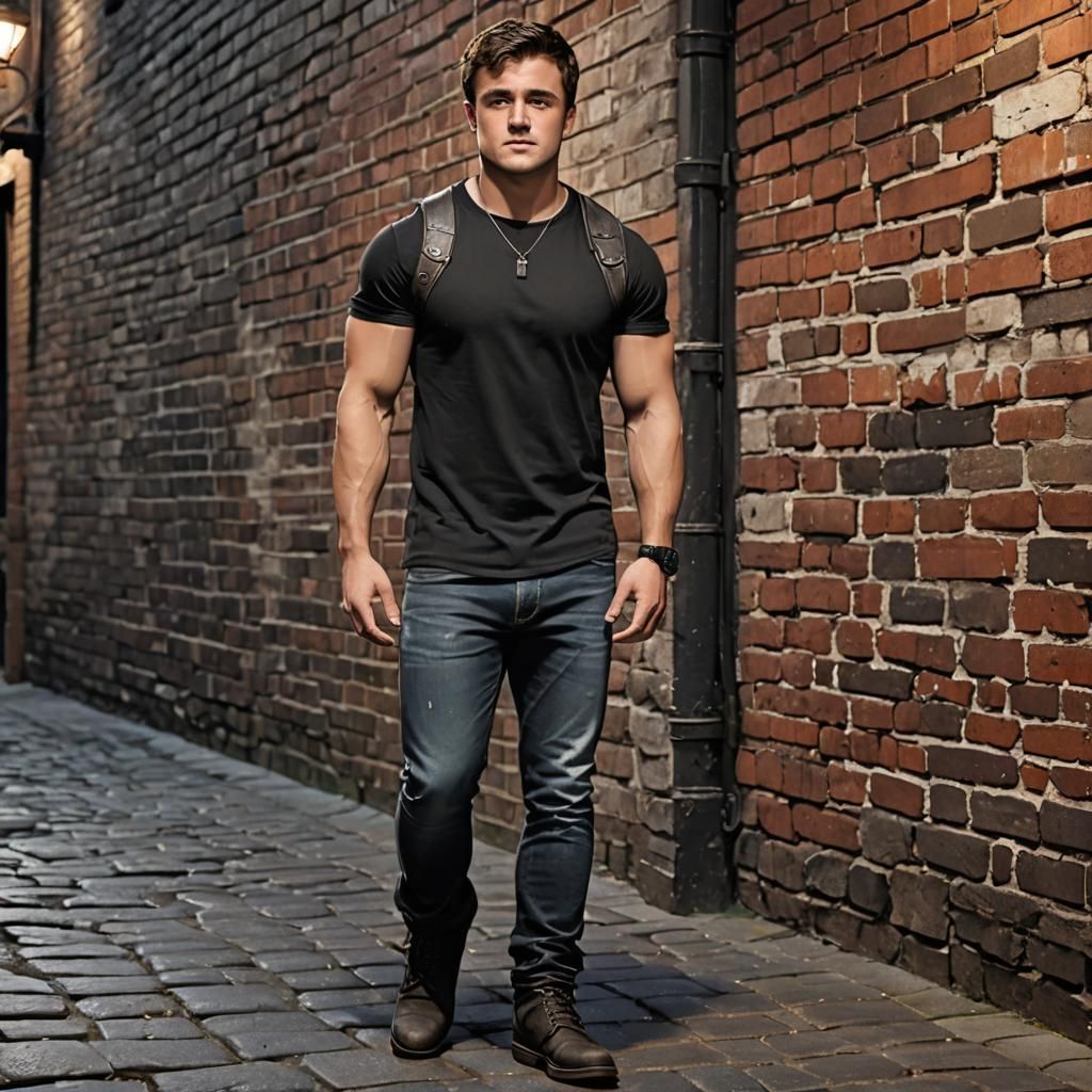 Muscular Josh Hutcherson in Gritty Alley, Digital Painting