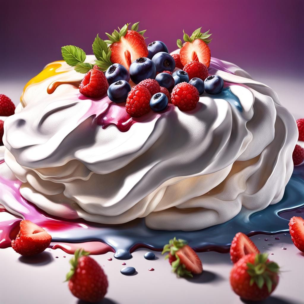 Hyperrealistic Pavlova Dessert in Splash Art Style