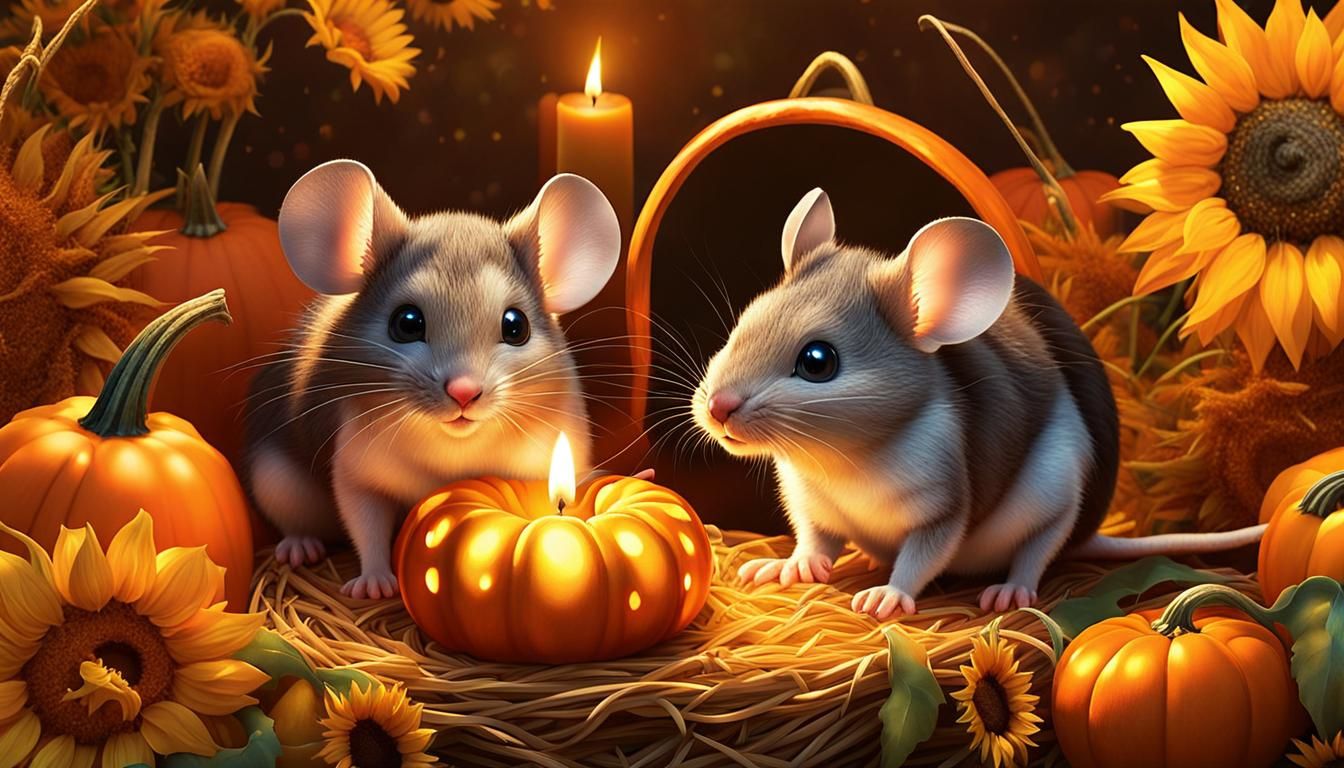 Mice in Autumn Harvest Scene, Fantasy Art