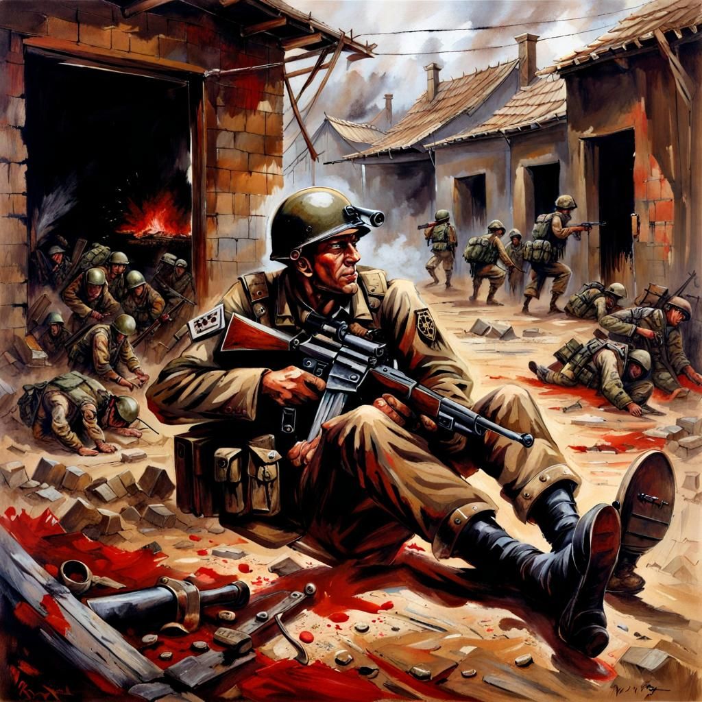 Wounded Soldier in War-Torn Landscape