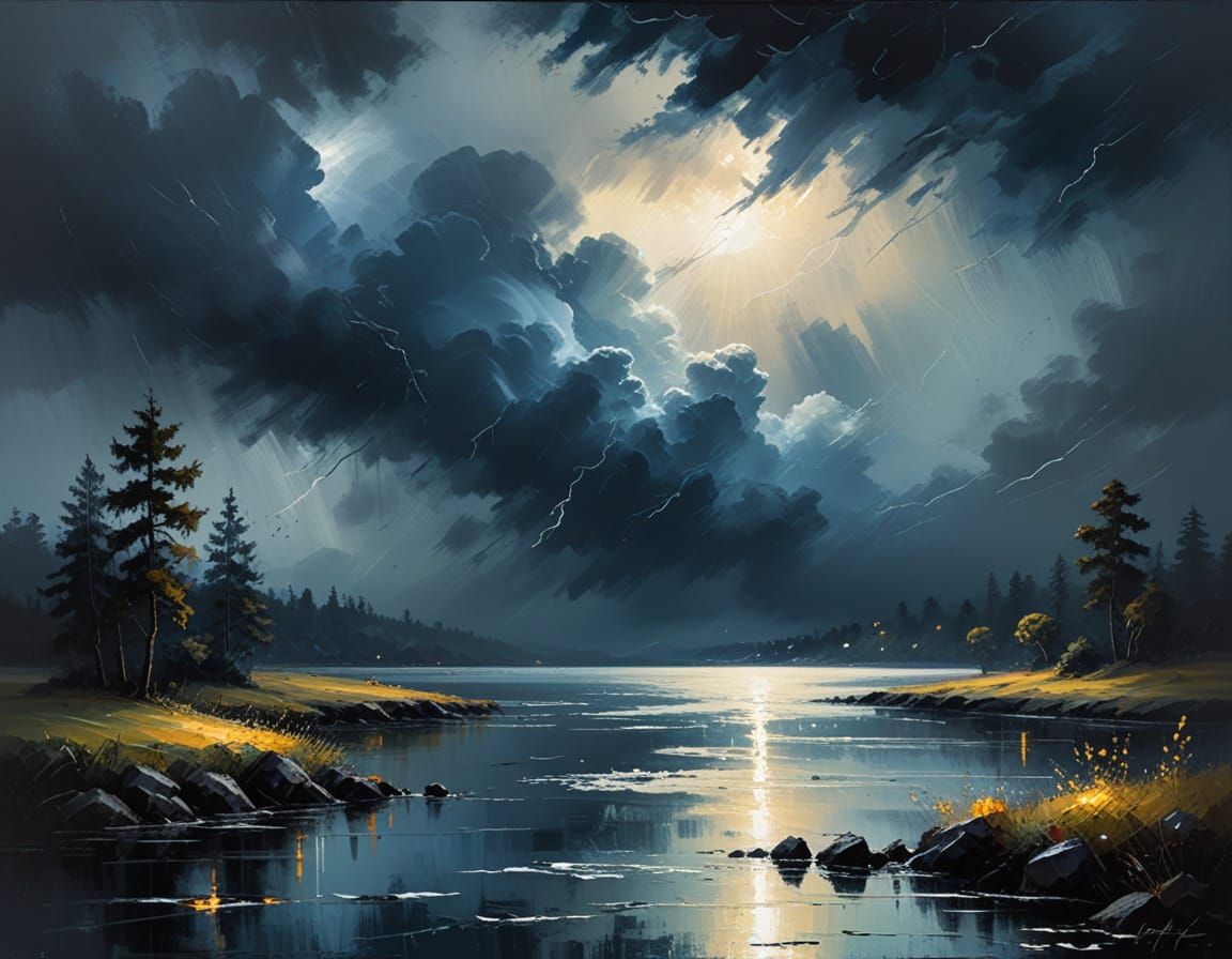 Moody Lake Landscape in Abstract Expressionist Style