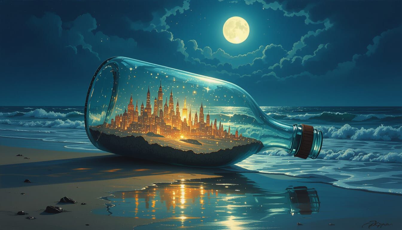 Giant Glass Bottle Holds Glowing City on Moonlit Beach