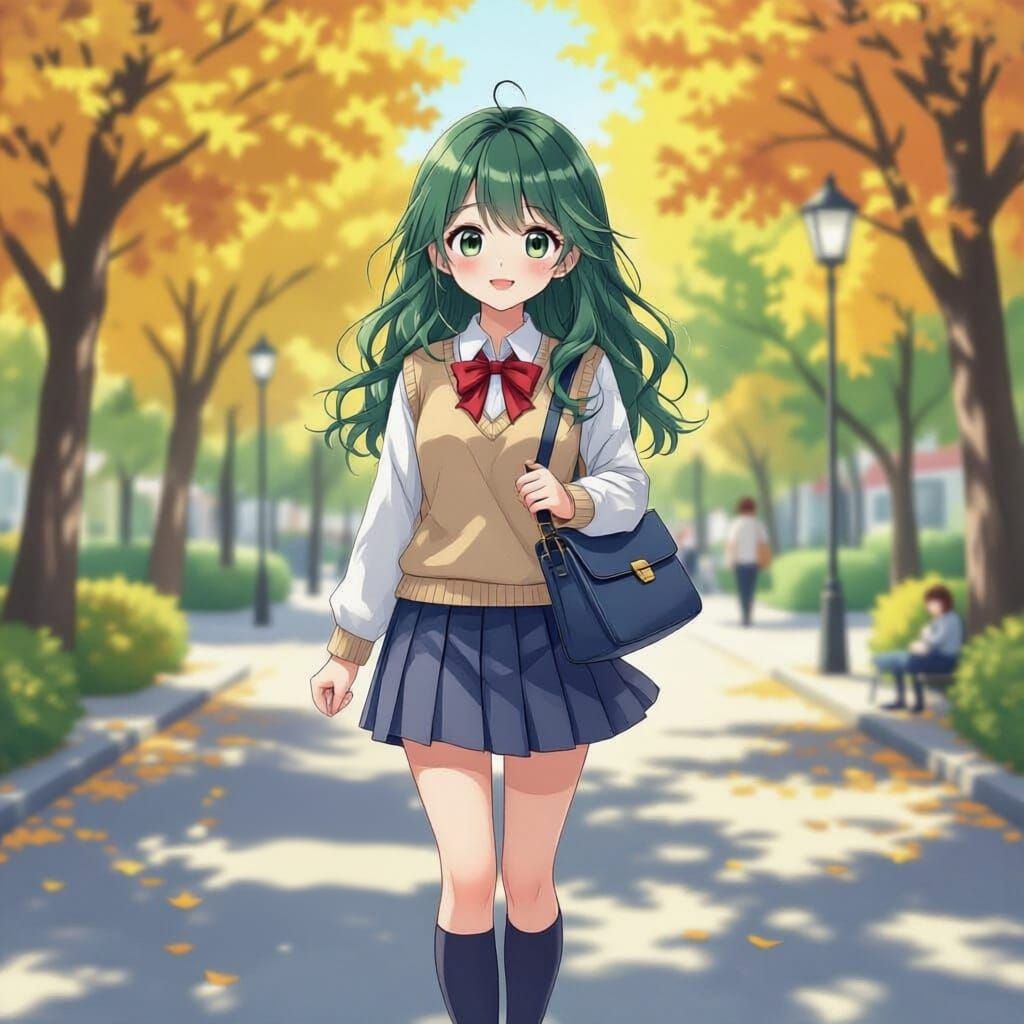 Cute Anime Girl Walks Through Seoul Park in Uniform