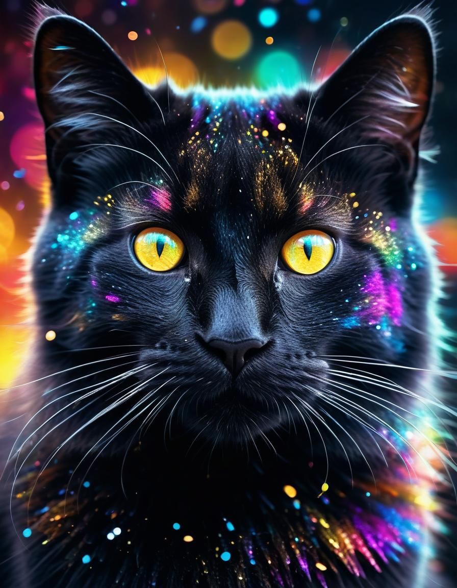 Golden-Eyed Cat Portrait in Colorful Fantasy Style