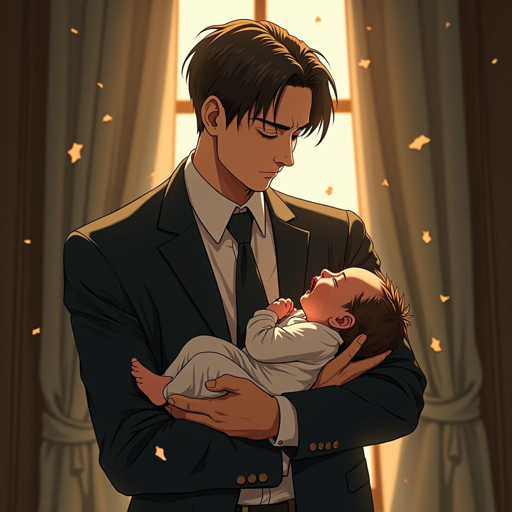 Levi Ackerman Cradles Newborn in Anime Style
