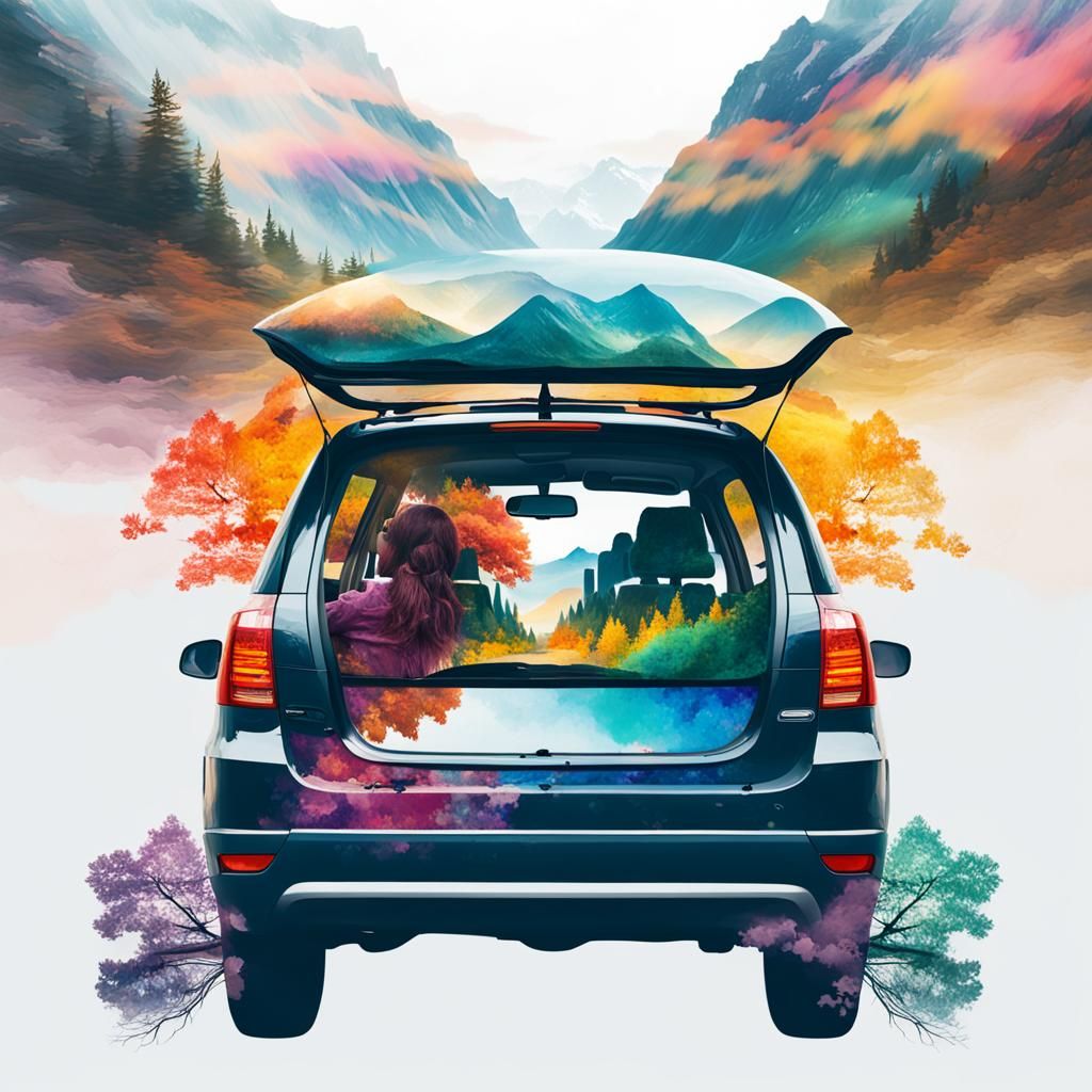 Colorful Scenery Double Exposure Car Image
