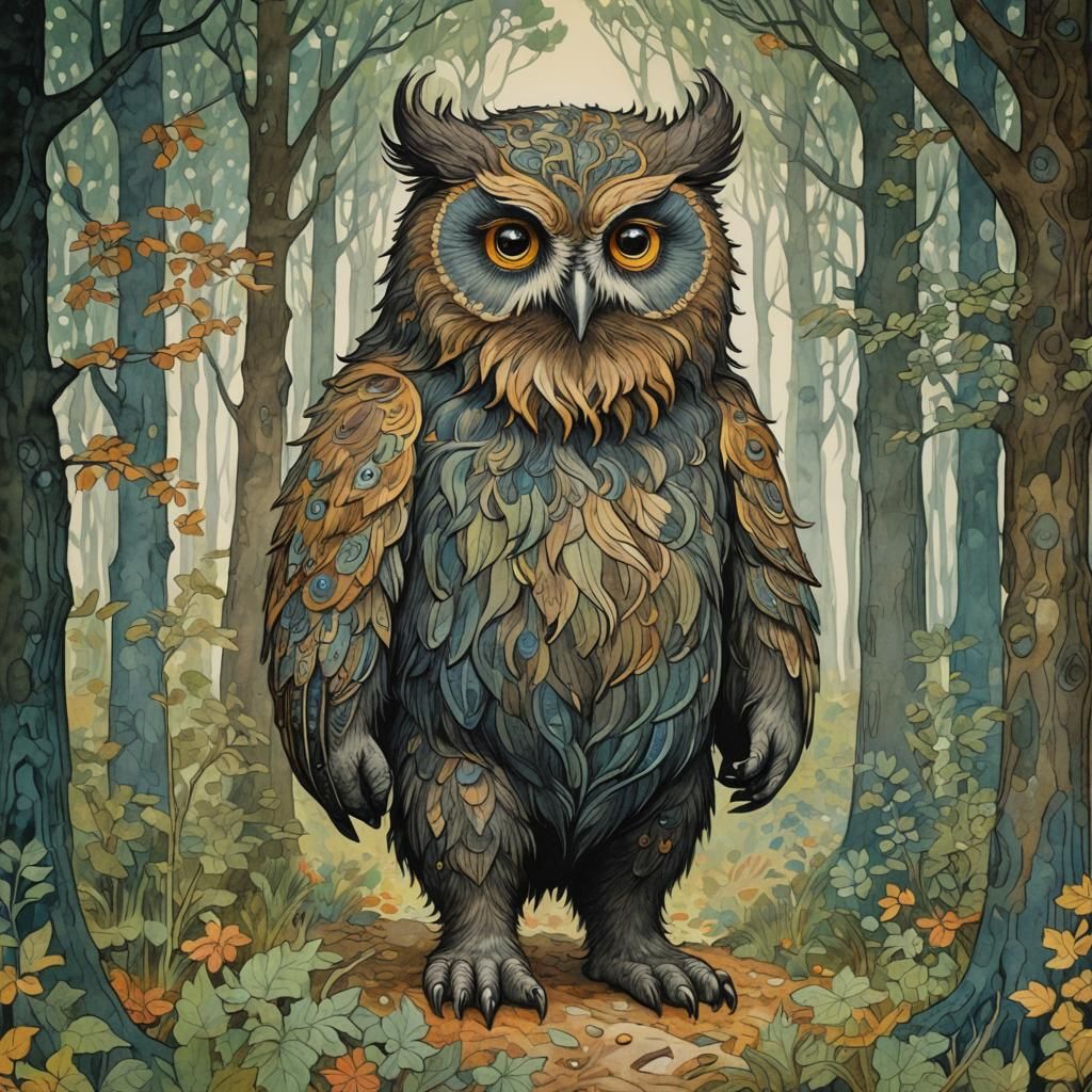 Art nouveau, owlbear in a forest, style of Edward gorey and gustav klimt