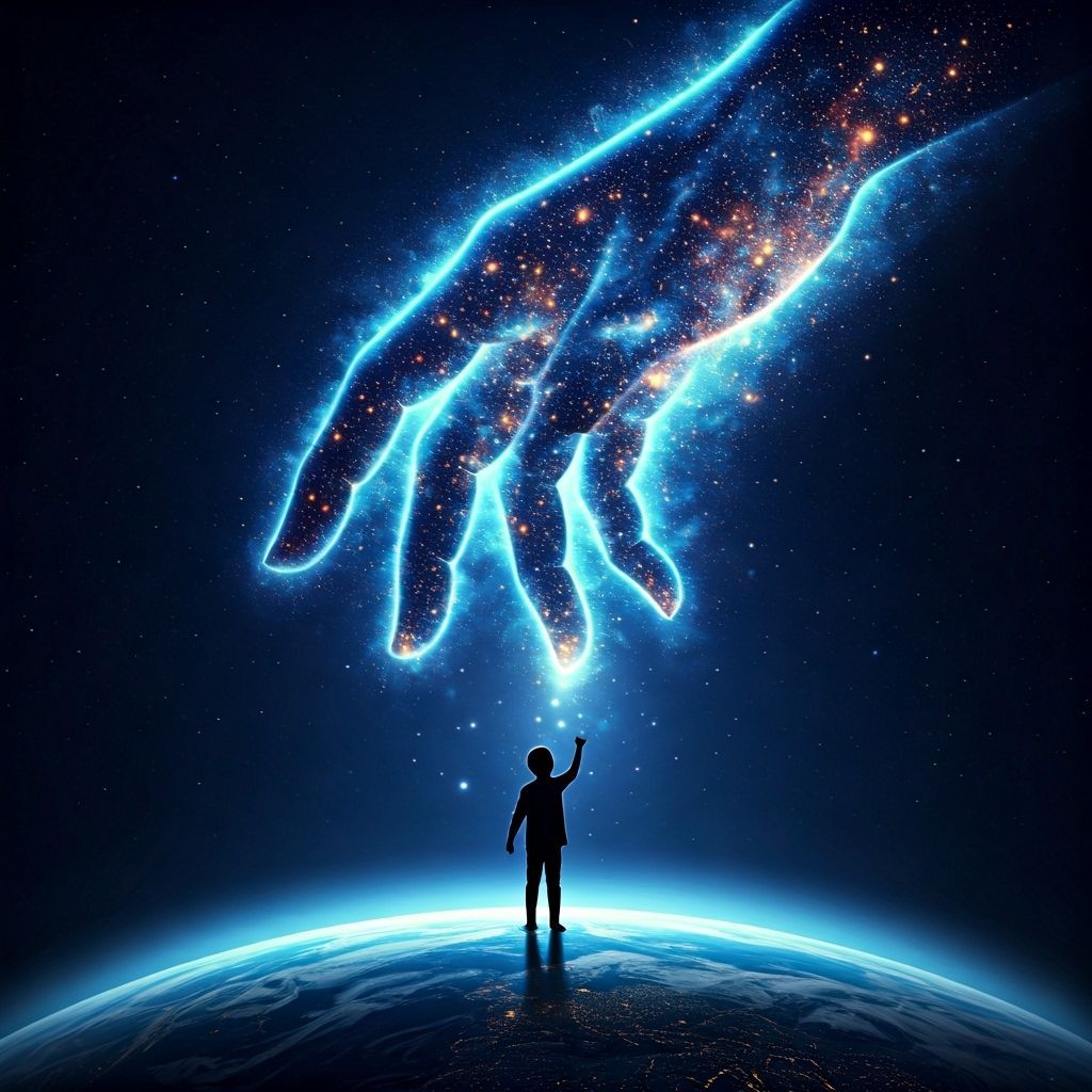 Boy Reaches for Cosmic Hand Above Glowing Earth
