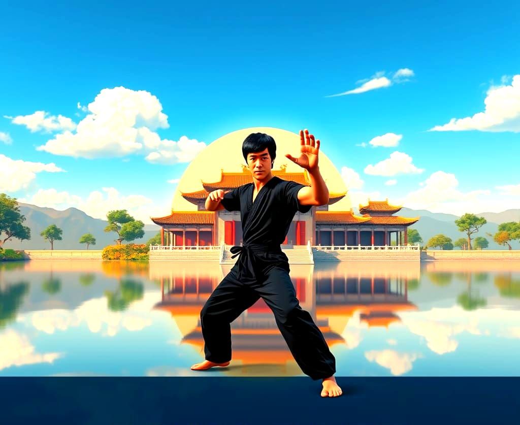 Bruce Lee in Serene Martial Arts Pose, Inspired by Pixar