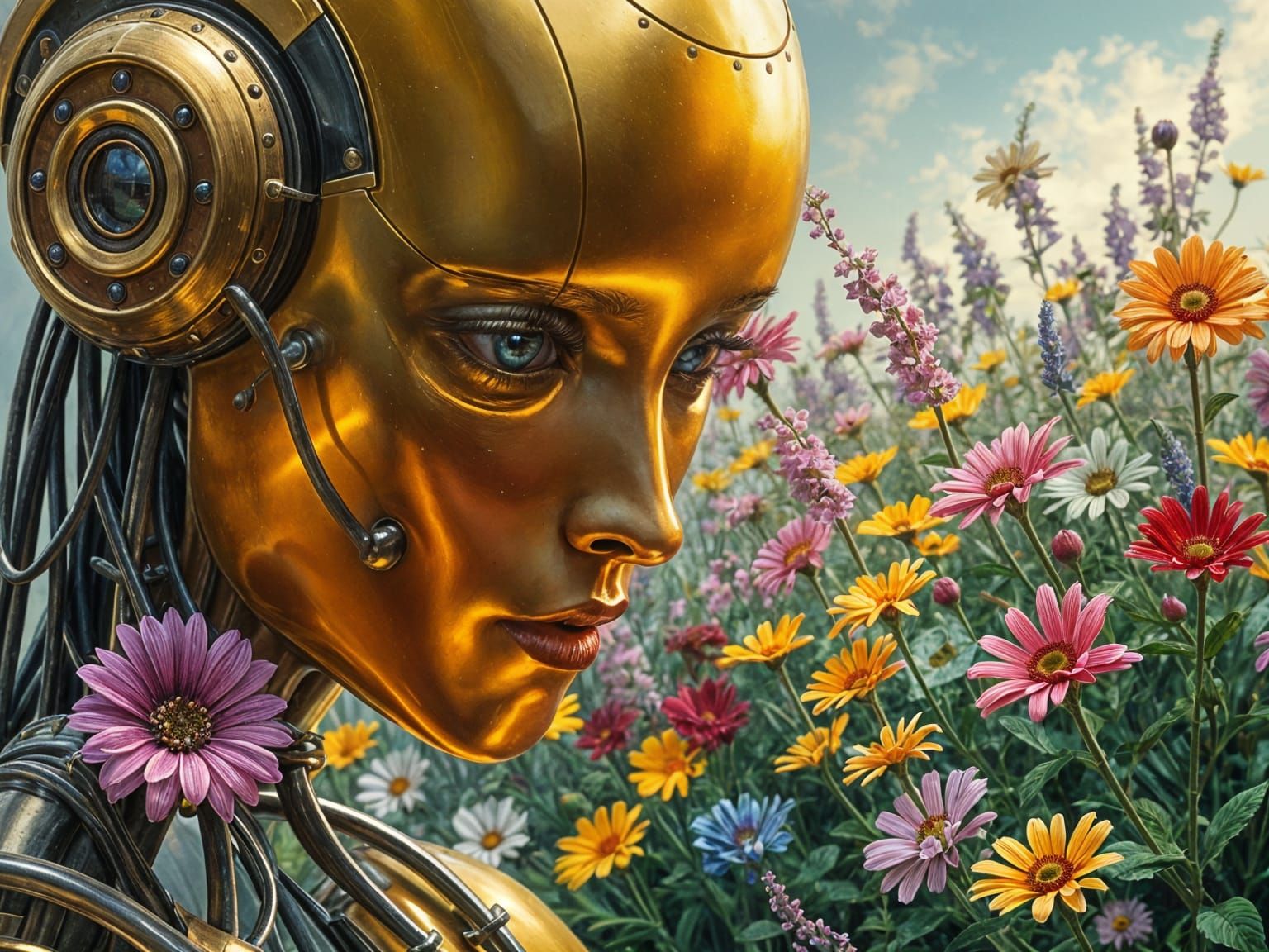 Android Goddess Among Vibrant Flowers