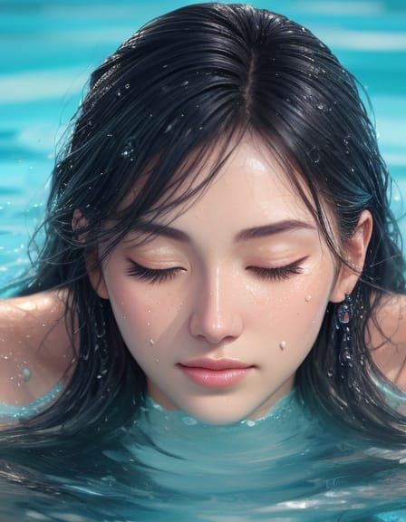 Serene Water Droplets Surround a Woman's Face in a Calming P...