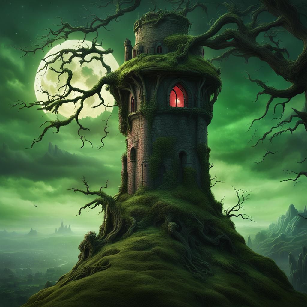 Moss-Covered Medieval Tower in Dark Fantasy Landscape