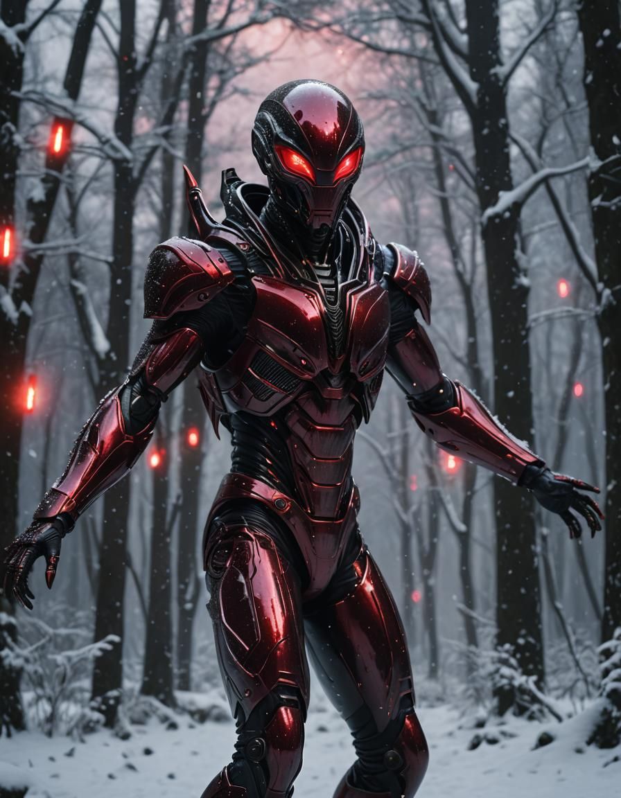 Alien in Metallic Suit in Snowy Forest