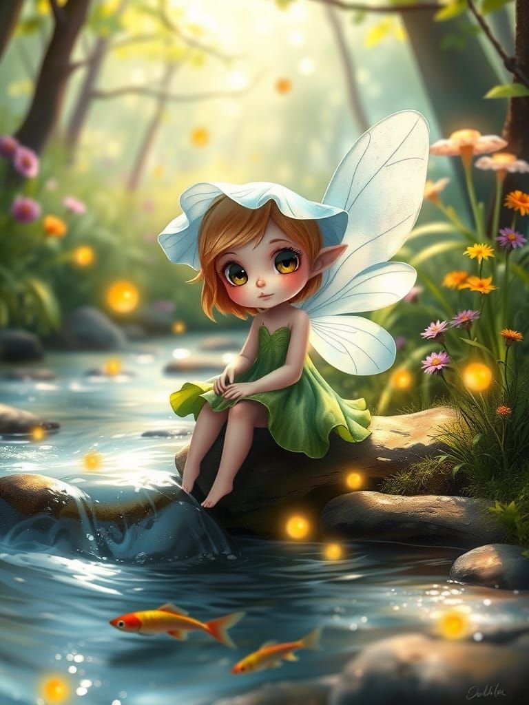 A whimsical digital illustration of a tiny fairy.