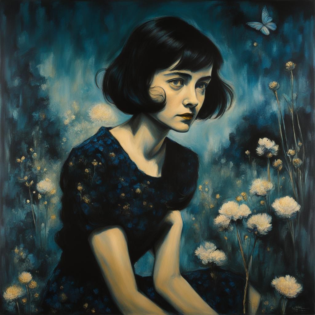 Noir Woman in Warzone Garden: Charcoal Painting