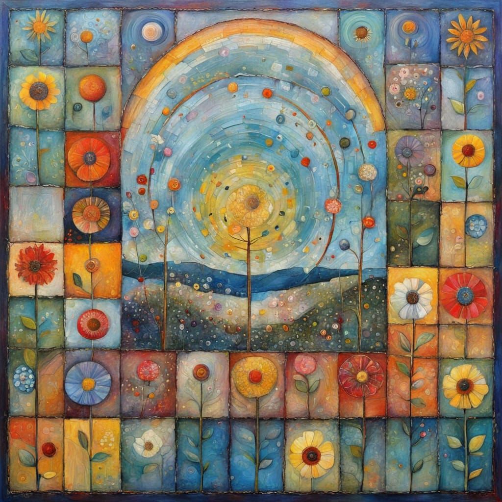 Seasonal Floral Dance in Textured Naive Encaustic Style