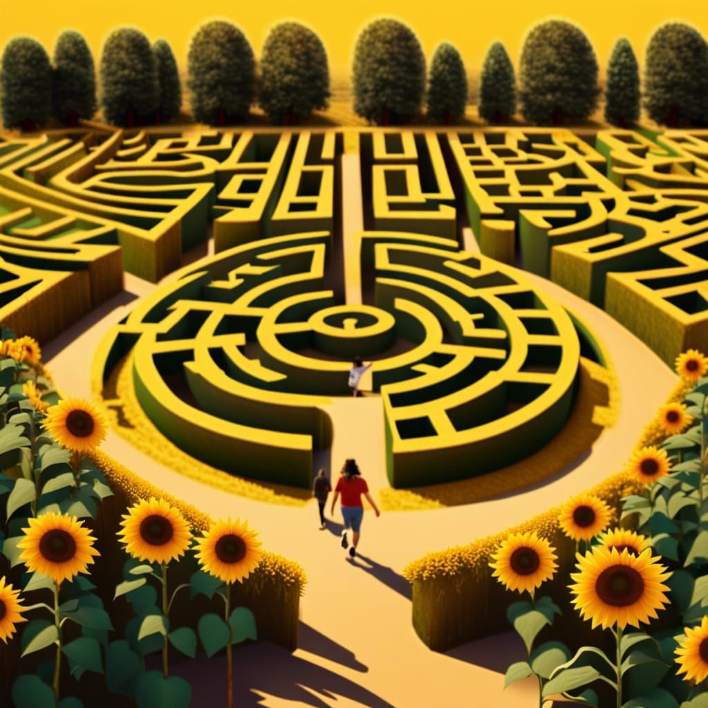 Sunflower Maze with People and Cat