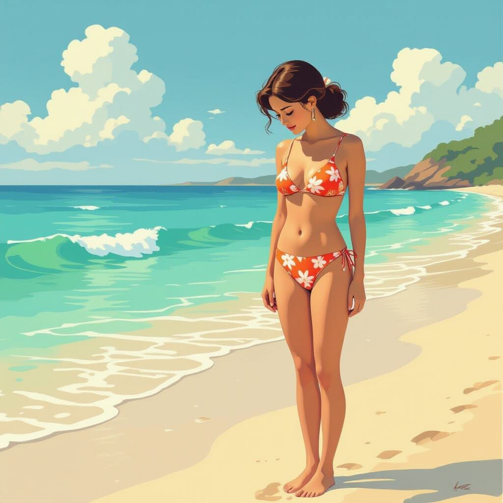 Petite Woman on Beach Gazes at Waves in Whimsical Style