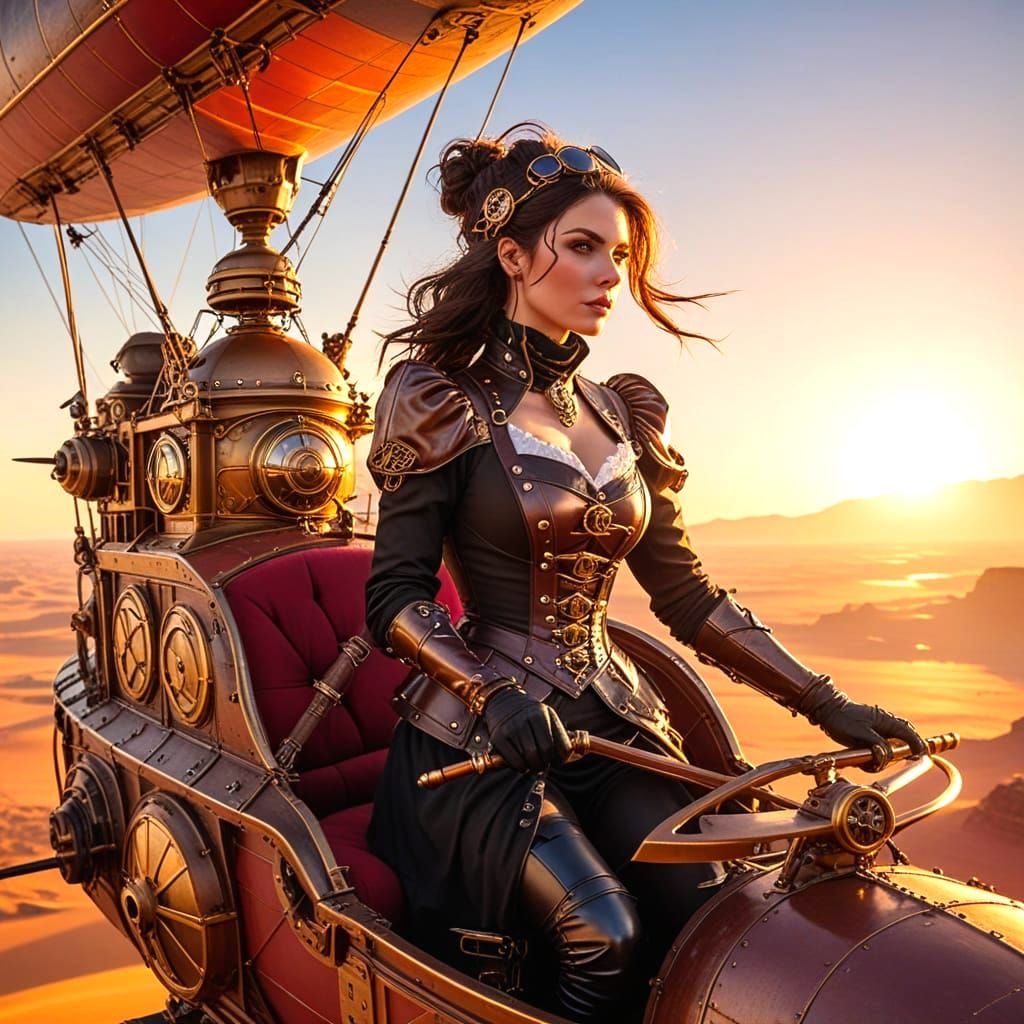 Steampunk Adventuress Pilots Airship Over Crimson Desert at ...