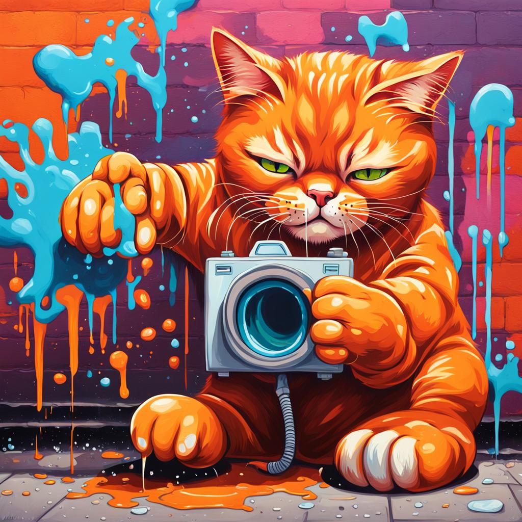 Orange Cat Blow Dry in Graffiti Street Art