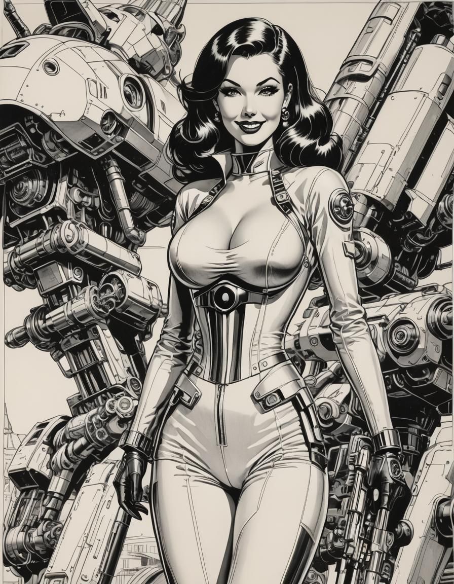 Retro Sci-Fi Pinup Art in Pen and Ink