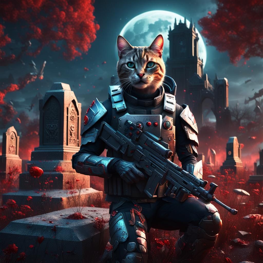 Armored Cat Soldier in Graveyard, Digital Art