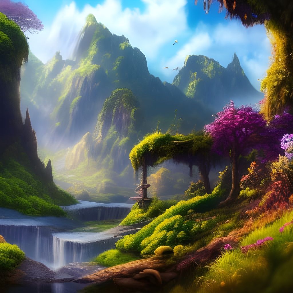 Lush Fantasy Landscape with Waterfalls and Mountains