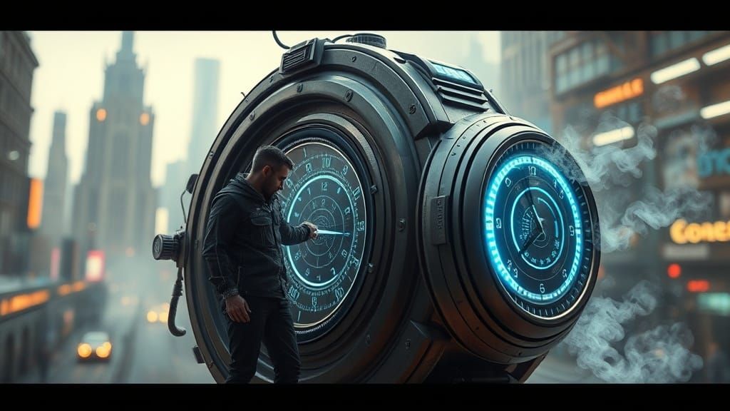 Futuristic Time Machine in Sci-Fi Cityscape