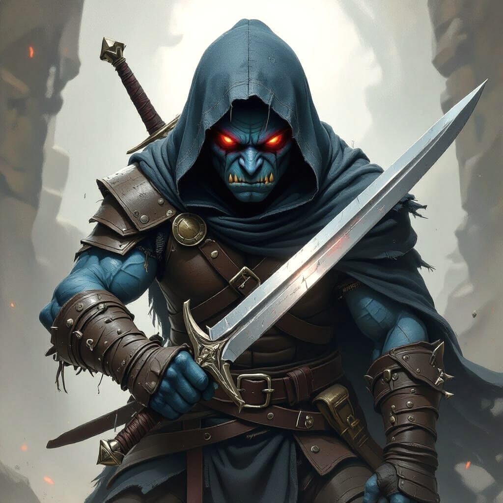 Blue Goblin Warrior with Sword and Hood