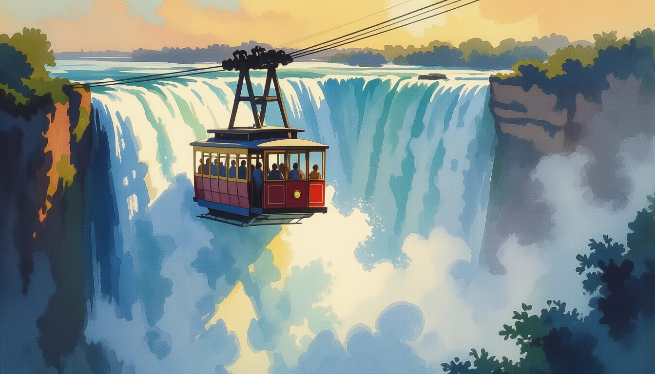 Steam Cable Car Climbs Waterfall in Watercolor Style