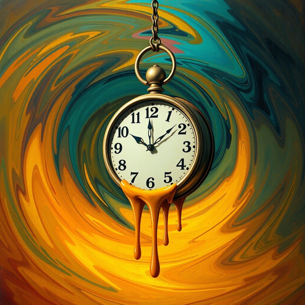 Surreal Melting Clock in Iridescent Vortex
