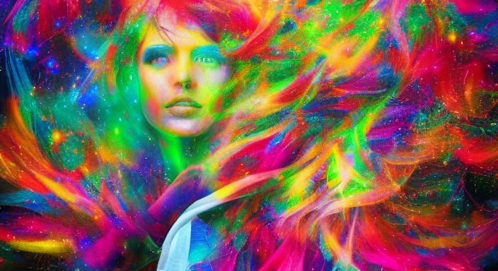 Vibrant Rainbow Portrait of a Girl with Fairies