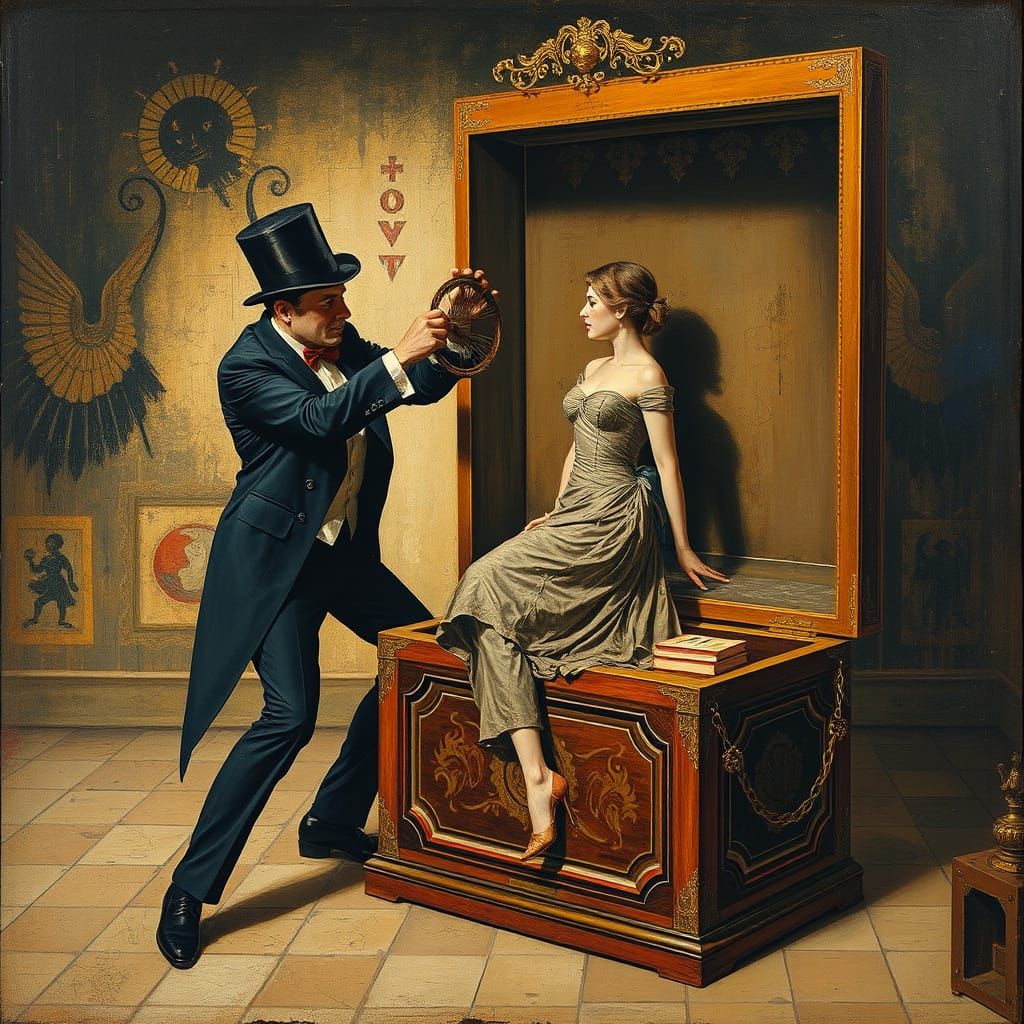 Magician Sawing Woman: Mixed Media Vintage Illusion
