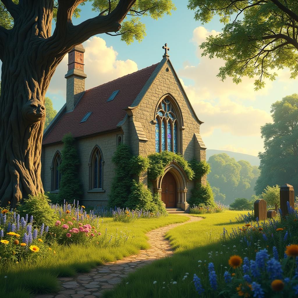 Mystical English Country Church in Lush Meadow