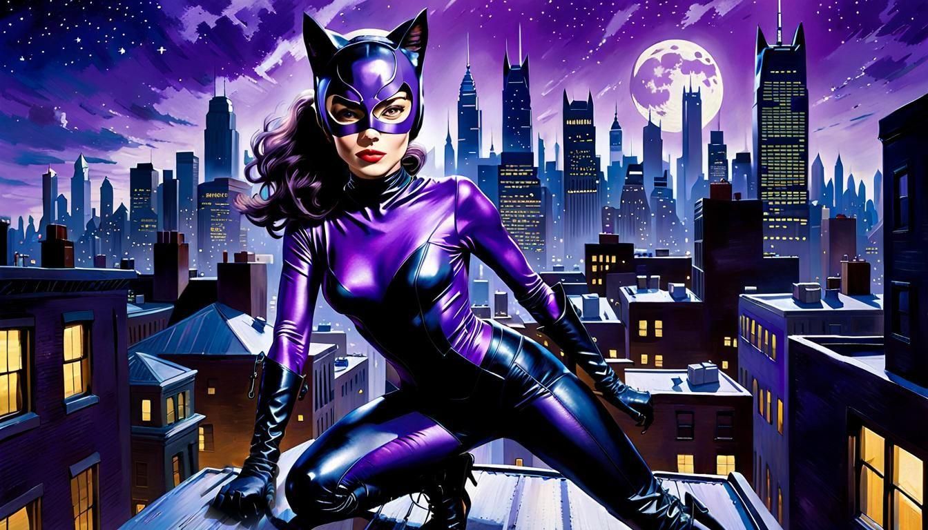 Catwoman and Batman in Impressionistic Style