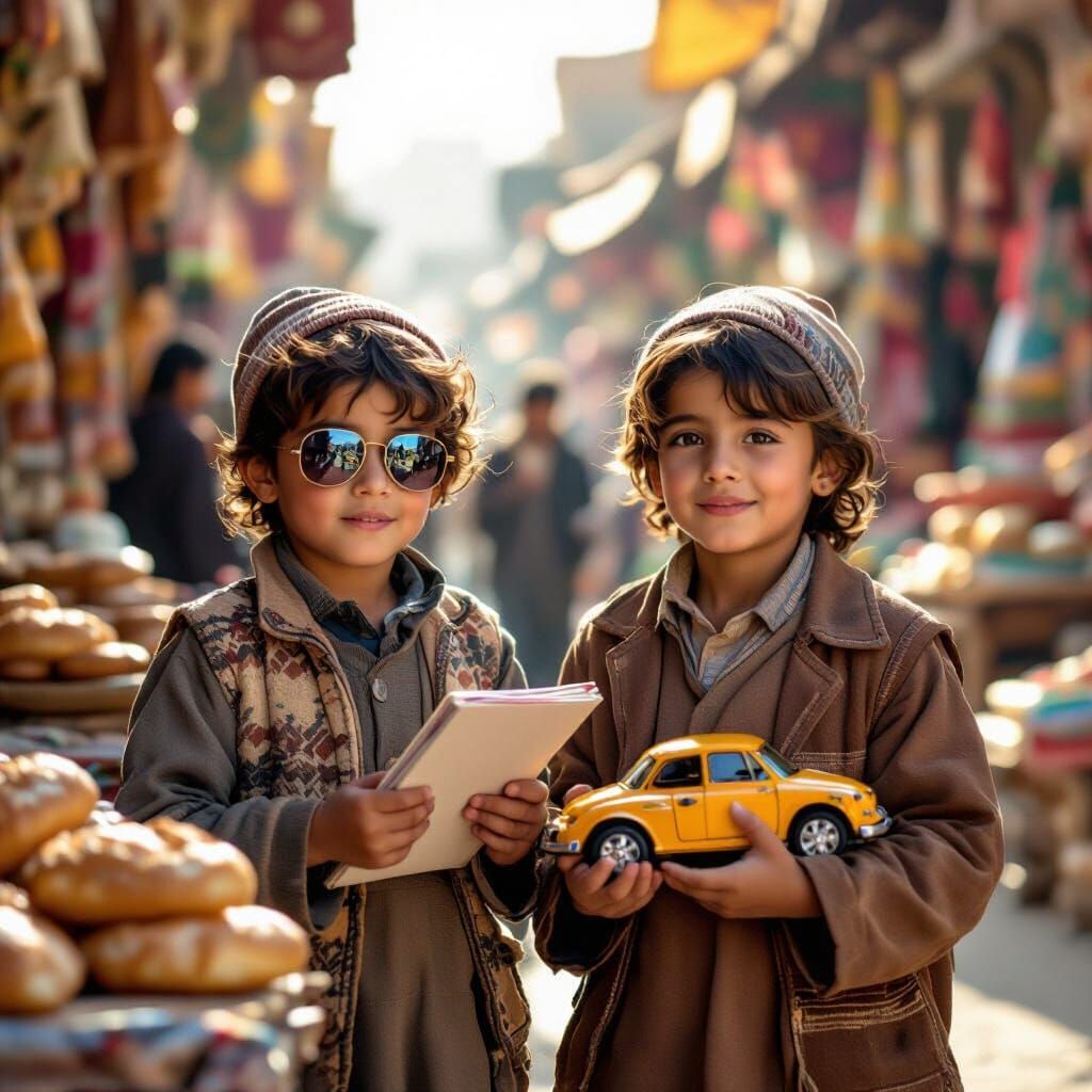Afghan Children in Sunny Shop with Toys and Notebook