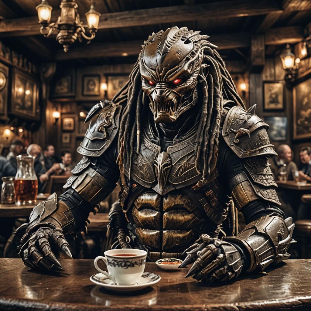 Predator having a cup of tea in a tavern