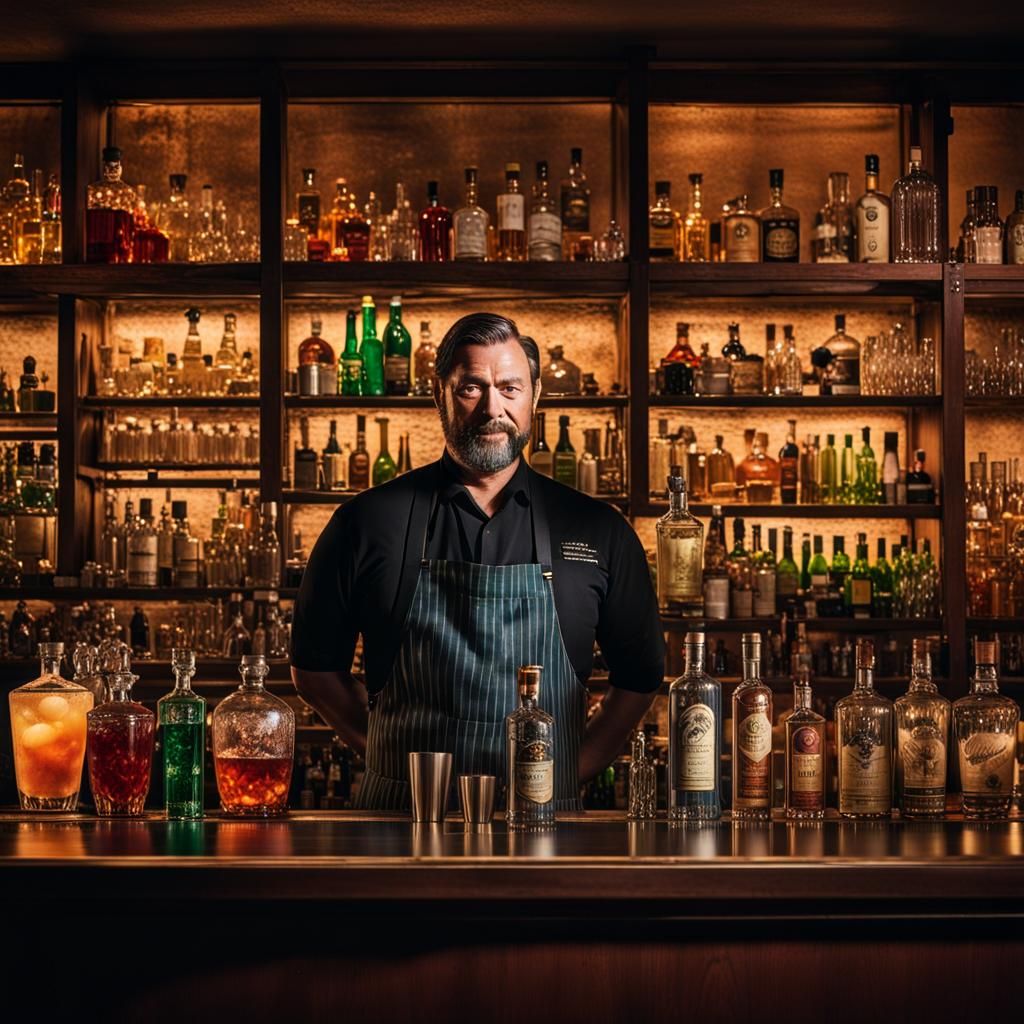 A photo of a bartender, the maestro behind the bar, skillfully crafting cocktails and creating a vibrant and lively atmo...